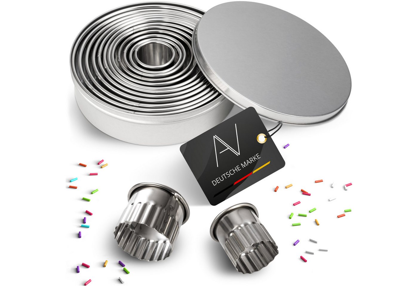 AVANA Ausstechform gewellt Ausstecher Ringe Keksformen Cookie Cutter Set Rund Plätzchen, Edelstahl, (12 Stück), Ausstechformen mit Aufbewahrungsbox von AVANA