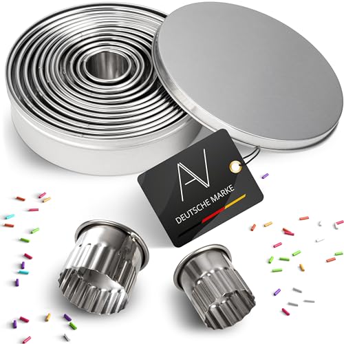 AVANA Edelstahl Ausstechformen 12 Stück rund gewellte Ringe Keksformen Cutter Set Speiseringe Keks Cookie Rund Plätzchen Ausstecher mit Aufbewahrungsbox von AVANA