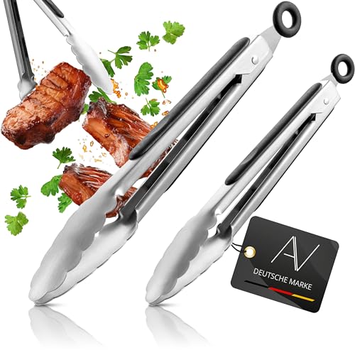 AVANA Grillzange Küchenzange aus Edelstahl 2er Set Kochzange Silikon Servierzange Zange Mehrzweckzange zum Kochen & Grillen - Schwarz von AVANA