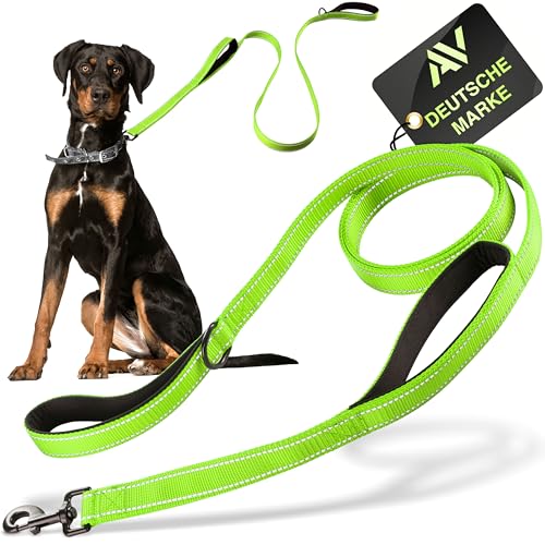 AVANA Hundeleine mit integriertem Kurzführer reflektierende Leine | 2 handschonende gepolsterte Handschlaufen | 1,5 Meter Führleine für große und mittelgroße Hunde - Neongrün von AVANA