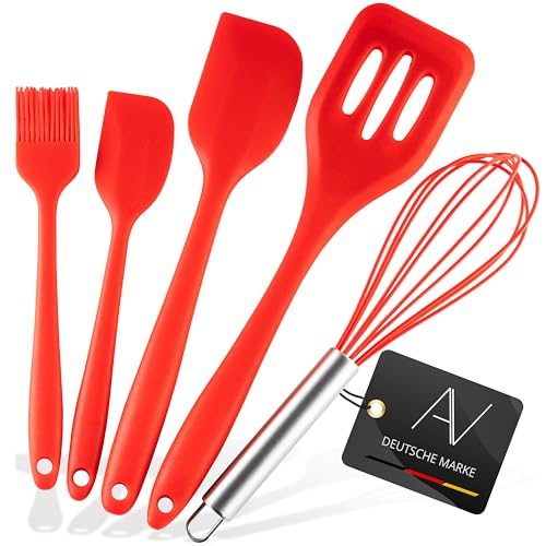 AVANA Silikon Küchenhelfer Set, 5 Stück Küchenutensilien Hitzebeständig Kochen Antihaft Kochgeschirr Schneebesen, Spachtel, Backpinsel, Pfannenwender (Rot) von AVANA