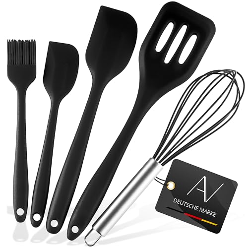 AVANA Silikon Küchenhelfer Set, 5 Stück Küchenutensilien Hitzebeständig Kochen Antihaft Kochgeschirr Schneebesen, Spachtel, Backpinsel, Pfannenwender (Schwarz) von AVANA