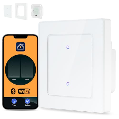AVATTO Smart Lichtschalter 55 Standard WLAN Wandschalter Unterstützen Alexa, Google Home Sprachsteuerung und Smart Life App Fernbedienung【Nullleiter erforderlich, 2 Gang, Weiß】 von AVATTO