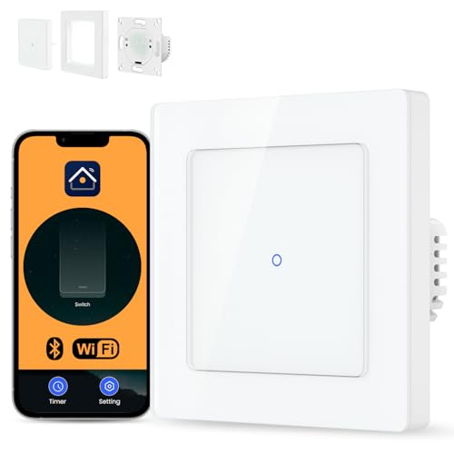 AVATTO Smart WLAN Lichtschalter passt 55 Systemstandard und Mit Alexa, Google Assistant Sprachsteuerung und Smart Life App Fernbedienung, Glasfläche,Touchscreen (Neutralleiter Erforderlich, 1 Weg) von AVATTO