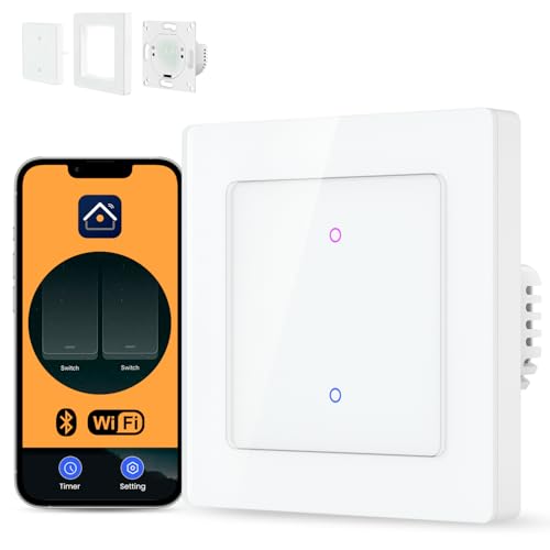 AVATTO Smart WLAN Lichtschalter passt 55 Systemstandard und Mit Alexa, Google Assistant Sprachsteuerung und Smart Life App Fernbedienung, Glasfläche,Touchscreen (Neutralleiter Erforderlich, 2 Weg) von AVATTO