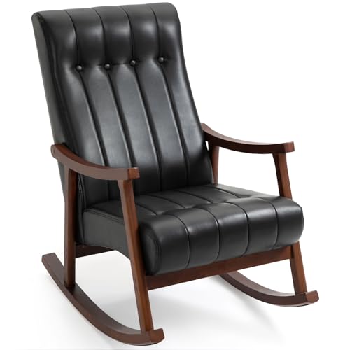 AVAWING Schaukelstuhl Relaxsessel mit Holzgestell gepolstert Schwingstuhl Schaukelsessel mit hoher Lehne, Kunstleder, Schwarz,62 B*101 T*98 H cm von AVAWING