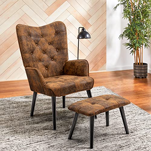 AVAWING Sessel mit Hocker Ohrensessel Fernsehsessel mit Rubberwood Beinen, Relaxsessel Loungesessel für Wohnzimmer, Schlafzimmer, Büro, Mikrofaser, Braun von AVAWING