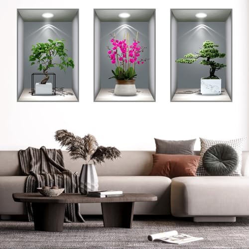 3 Stück 3D Vase Wandaufkleber, Wandtattoo Pflanze, Vasen Wandtattoo,Vases Wall Stickers For Living Room,Vinyl Abnehmbare Flasche Und Grünes Blatt Wandbilder Für Wohnzimmer, Schlafzimmer, Bad, Küche ( von AVCULT