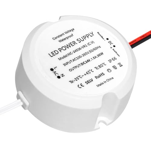 AVCXEC LED Trafo 24V 36W 1.5A, Transformator 230V auf 24V, Mini Ring AC zu DC Schalt Niedervolttrafo, Mini Netzteil 24V, Kleiner LED Trafo Wasserdicht, Mini Ultra Dünner IP66 LED Driver für LED Lampen von AVCXEC
