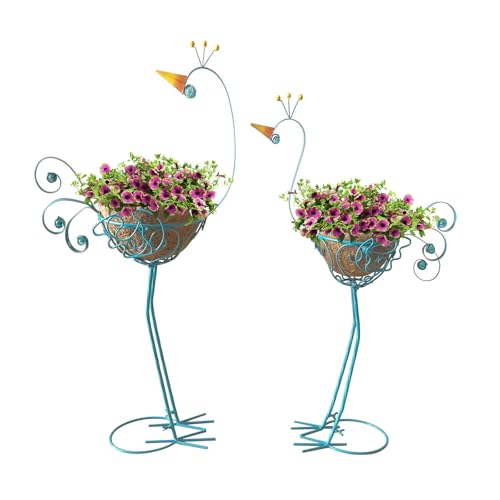 2er-Set Pfauen-Blumenständer aus Metall - Blauer Pflanzenständer mit 2 Kokosmatten für Indoor & Outdoor - Dekorative Blumenregal für Wohnzimmer, Balkon, Terrasse und Garten von AVEKI