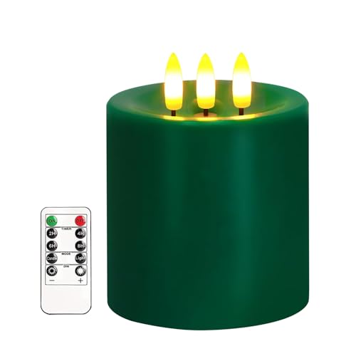 3 Docht Große Flammlose Kerzen, Batteriebetriebene Flackernde LED Kerzen mit Fernbedienung & Timer, Echte Wachs Weiße Säulenkerze für Weihnachten, Hochzeiten & Tagesdekoration, 10 x 10 cm (Grün) von AVEKI