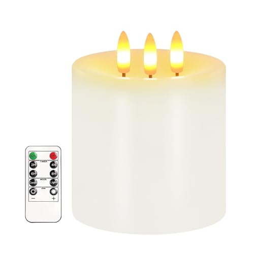 3 Docht Große Flammlose Kerzen, Batteriebetriebene Flackernde LED Kerzen mit Fernbedienung & Timer, Echte Wachs Weiße Säulenkerze für Weihnachten, Hochzeiten & Tagesdekoration, 10 x 10 cm (Weiß) von AVEKI