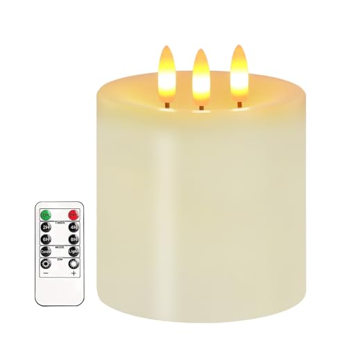 3 Docht Große Flammlose Kerzen, Batteriebetriebene Flackernde LED Kerzen mit Fernbedienung & Timer, Echte Wachs Weiße Säulenkerze für Weihnachten, Hochzeiten & Tagesdekoration, 10 x 10 cm (Creme) von AVEKI