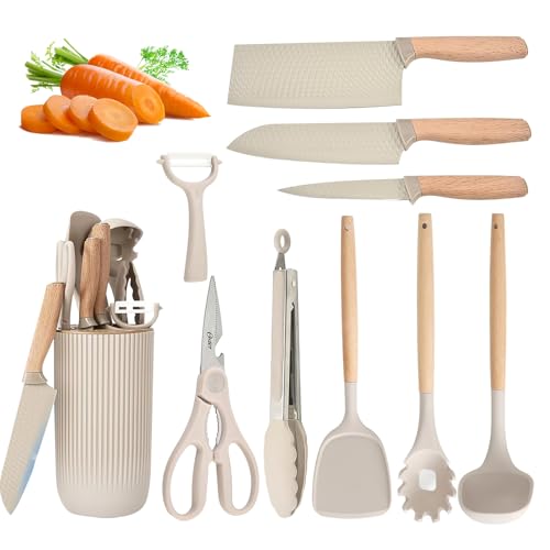 AVEKI 10 Teiliges Edelstahl-Küchenmesser Set, Kitchen Utensils Set Messer-Set und Silikon-Kochutensilien-Spatel-Set, mit Halterung, Küchenhelfer sets, Haushaltsküchenzubehör Kochgeschirr-Set (Beige) von AVEKI