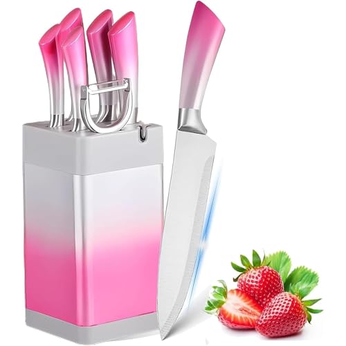 Messerblock Set 7-teiliges, Farbverlauf Rosa Profi-Messer-Set mit Aufbewahrungsmesserhalter, Ultra scharfes küchenmesserset mit ergonomischem Griff, Antihaft-Edelstahl-Kochmesserset-Set (Rosa) von AVEKI