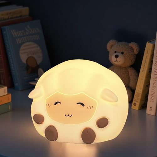 Niedliche Schaf Nachtlampe, Silikon Lamm Lampe mit Timer, 7 Farben und 2 Stufen Tap Dimm Baby Nachtlicht für Kinderzimmer, Tragbare Drahtlose LED Nachttischlampe für Kinder Neujahrsgaben (Akku) von AVEKI