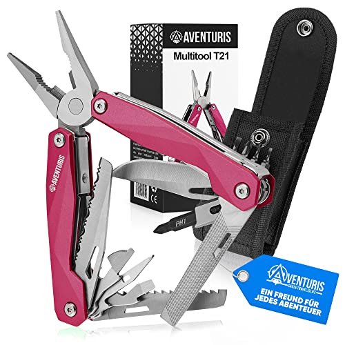 AVENTURIS® Pinkes-Multitool-Werkzeug aus Edelstahl mit 21 Funktionen, Geschenke für Frauen, Multifunktionswerkzeug mit u.a. Zange, Säge und Schraubendreher, Camping auto gadget, Survival von AVENTURIS CAUSE TRAVEL IS LIVE