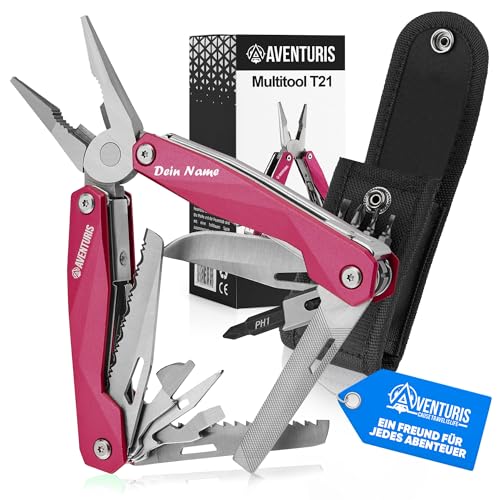 AVENTURIS® Pinkes-Multitool-Werkzeug PERSONALISIERT [Edelstahl] mit 21 Funktionen, Geschenke für Frauen, Multifunktionswerkzeug mit u.a. Zange, Säge und Schraubendreher, Camping auto gadget von AVENTURIS CAUSE TRAVEL IS LIVE