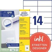 Avery Zweckform - Universaletikett ultragrip 105 x 41 mm (b x h) nicht wieder ablösbar Papier weiß 1.400 Etik./Pack. von AVERY ZWECKFORM