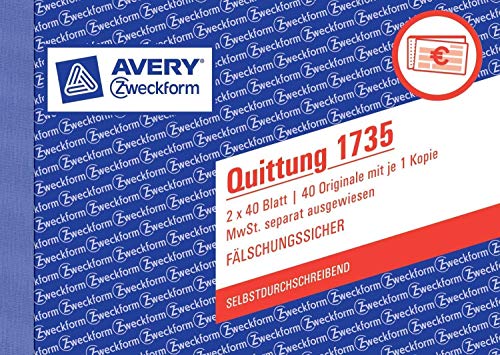 10er Sparpack Avery Zweckform 1735 Quittung MwSt. separat ausgewiesen, DIN A6 quer, fälschungssicher, 2 x 40 Blatt, weiß, gelb (10) von AVERY Zweckform