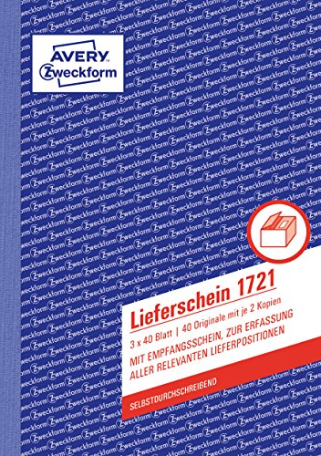 AVERY Zweckform 1721 Lieferschein mit Empfangsschein (A5, 3x40 Blatt, selbstdurchschreibend mit farbigem Durchschlag, zur Erfassung aller relevanten Lieferpositionen) weiß/gelb/rosa von AVERY Zweckform