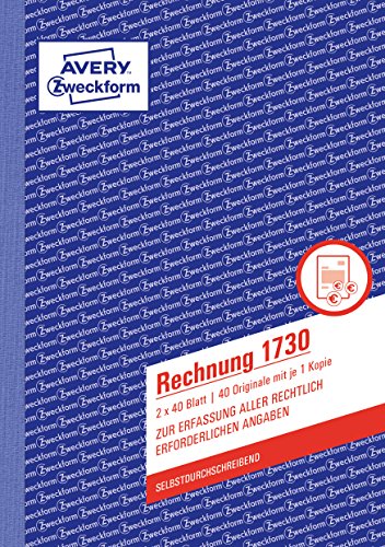 AVERY Zweckform 1730 Rechnung (A5, 2x40 Blatt, selbstdurchschreibend mit farbigem Durchschlag, mit Netto- und Bruttobetrag, MwSt. uvm., zur Erfassung aller rechtlich erforderlichen Angaben) weiß/gelb von AVERY Zweckform