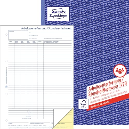 AVERY Zweckform 1773 Stunden-Nachweis (A4, selbstdurchschreibend, von Rechtsexperten geprüft, für Deutschland u. Österreich zur lückenlosen Arbeitszeiterfassung, 2x40 Blatt) weiß/gelb von AVERY Zweckform