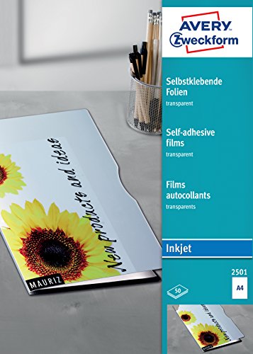 AVERY Zweckform 2501 Transparente Folien für Inkjetdrucker (50 selbstklebende Folien mit hoher Farbbrillanz, A4, spezialbeschichtet, stapelverarbeitbar, fotorealistisch, Folienstärke 0,17mm) von AVERY Zweckform