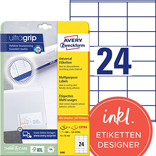 AVERY Zweckform 3490 Adressaufkleber (600 plus 120 Klebeetiketten extra, 70x36mm auf A4, Papier matt, bedruckbare Absenderetiketten, selbstklebende Adressetiketten mit ultragrip) 30 Blatt, weiß von AVERY Zweckform