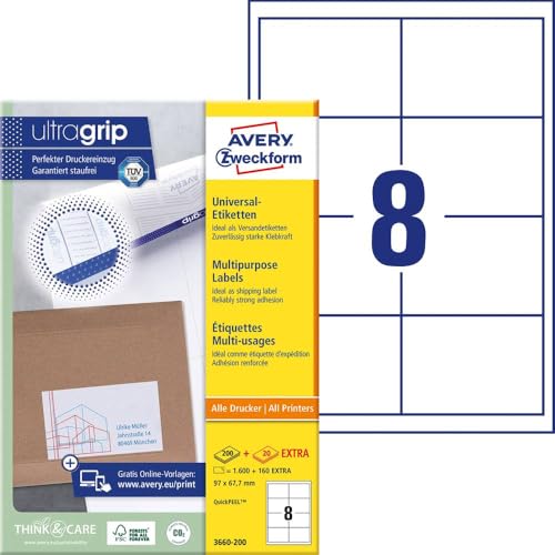 AVERY Zweckform 3660-200 Universal Etiketten (1.600 plus 160 Klebeetiketten extra, 97x67,7mm auf A4, bedruckbare Versandetiketten, selbstklebende Versandaufkleber mit ultragrip) 220 Blatt, weiß von AVERY Zweckform