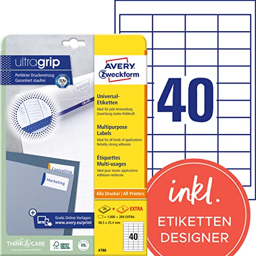 AVERY Zweckform 4780 Universal Etiketten (1.000 plus 200 Klebeetiketten extra, 48,5x25,4mm auf A4, Papier matt, individuell bedruckbar, selbstklebende Aufkleber mit ultragrip) 30 Blatt, weiß von AVERY Zweckform