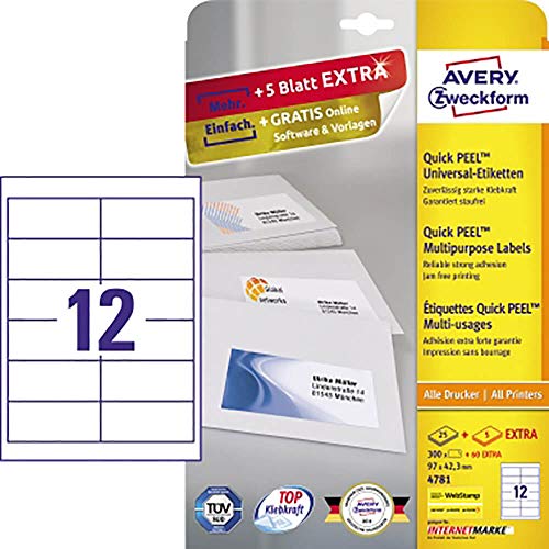 AVERY Zweckform 4781 Adressaufkleber (300 plus 60 Klebeetiketten extra, 97x42,3mm auf A4, Papier matt, bedruckbare Absenderetiketten, selbstklebende Adressetiketten mit ultragrip) 30 Blatt, weiß von AVERY Zweckform