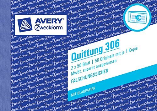 Avery Zweckform 306 Quittung, DIN A6 quer, MwSt. separat ausgewiesen, fälschungssicher, 2x 50 Blatt, weiß (4er Pack) von AVERY Zweckform