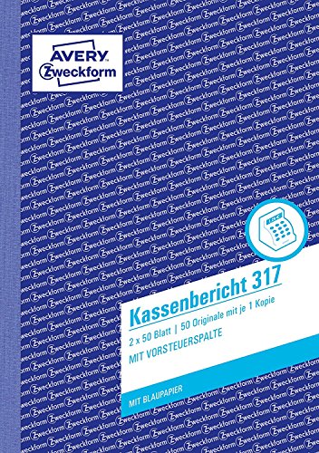 Avery Zweckform 317 Kassenbericht 8er Pack (A5, mit 1 Blatt Blaupapier, 2x50 Blatt) weiß/gelb von AVERY Zweckform