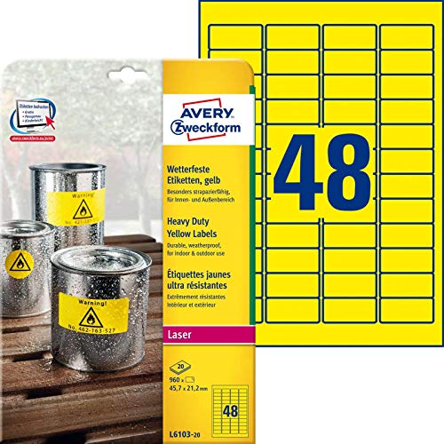 Avery-Zweckform L6103-20 Etiketten 45.7 x 21.2mm Polyester-Folie Gelb 960 St. Permanent Universal-Et von AVERY Zweckform