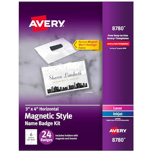 Avery Sichere magnetische Namensschilder, langlebige Kunststoffhalter, robuste Magnete, 3 x 4, 24 Abzeichen (8780) von AVERY