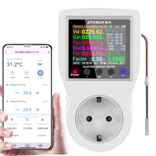 AC-WLAN-Wattmeter, Plug-in-EU-Steckdosen-Leistungsmesser, hintergrundbeleuchtetes großes Farbdisplay, Überlastschutz, Kilowatt-Spannungs-Ampere-Tester, elektrische Energieüberwachung, von AVHzY