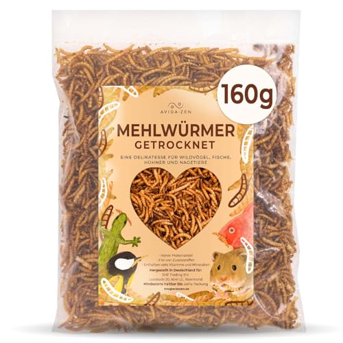 AVIDA ZEN Mehlwürmer getrocknet 1 ltr. = 160g, ideal als Wildvogelfutter und Igelfutter, getrocknete Mehlwürmer, nährstoffreicher Snack für Nager, Reptilien, Vögel, Fische, Igel, Schildkröten von AVIDA ZEN
