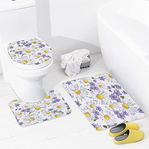 Rutschfeste Badematte,3-teiliges Badezimmerteppich-Set, Blumen Blühende Kamille Wilde Blume Sommer Hintergrund Frühling Natürliche Patte,weicher WC-Vorleger, rutschfeste Duschmatte und WC-Vorleger-Set von AVITASTICS