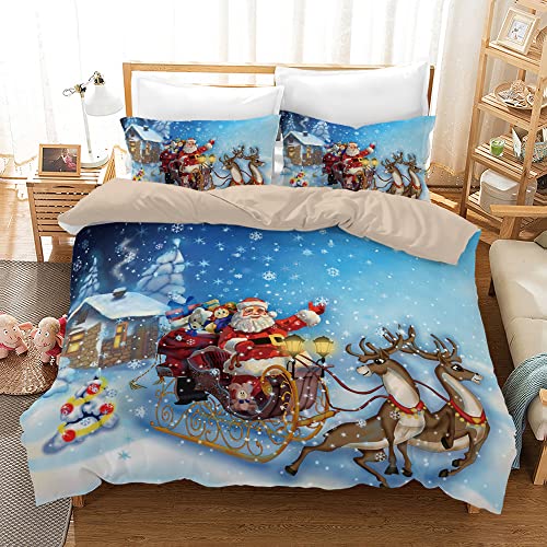 AVJWWD Weihnachten Bettwäsche Set Weihnachtsmann und Elch Schneemann Rentier Muster Bettbezug Set mit Kissenbezügen, Weihnachtsdekoration, Geschenk-Set (Blauer Schlitten, 135 x 200 cm) von AVJWWD