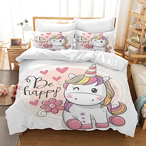 AVJWWD Einhorn Bettwäsche Set Kinder Mikrofaser Bettwäsche Cartoon Einhorn 3D Gedruckt Bettbezug 3 Teilig mit ReißVerschluss,Soft Mädchen Bettwaren (135x200cm, G) von AVJWWD