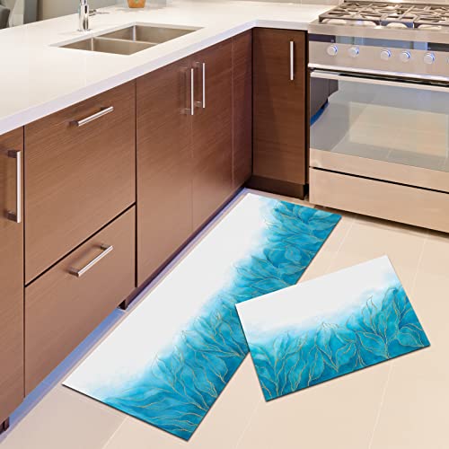 Küchenläufer rutschfest Küchenmatte,PVC 4mm Waschbar Küchenteppich Teppich Läufer 2 Stück, Küchenmatte für Esszimmer, Küche, läufer Flur,Staubdicht Fußmatte (Blue A, 40 x 60 cm+40 x 120 cm) von AVJWWD
