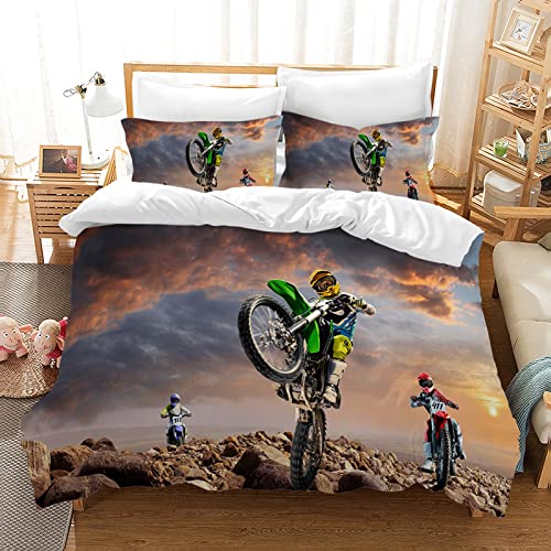 AVJWWD Motocross Bettwäsche Sets, 3D-gedrucktes Muster von Extremsport-Motorrad-Themen-Bettbezug mit 2 Kissenbezügen, für Erwachsene und Kinder (135 x 200 cm, Moto2) von AVJWWD