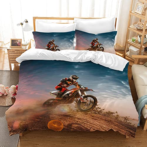 Motocross Bettwäsche Sets, 3D-gedrucktes Muster von Extremsport-Motorrad-Themen-Bettbezug mit 2 Kissenbezügen, für Erwachsene und Kinder (135 x 200 cm, Moto5) von AVJWWD