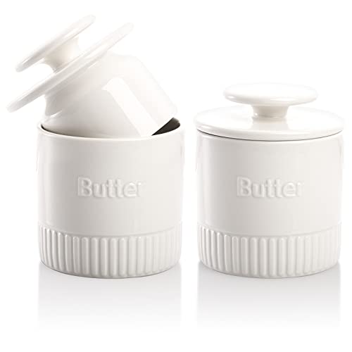 AVLA 2 Stück Keramik-Butterschale, Porzellan-Butterdose mit Wasserlinie für streichbare Butter, Butterbehälter, Butterbehälter für Arbeitsplatte, weiß von AVLA