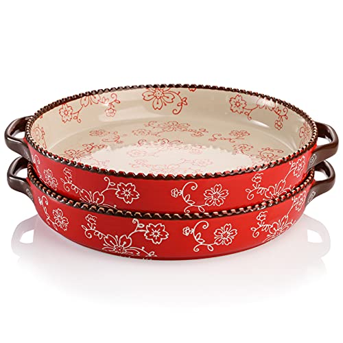 AVLA 2 Stück Keramik-Kuchenform, 22,9 cm runde Auflaufform mit doppeltem Griff, 800 ml tiefer Quiche-Teller für Küche, Kochen, Braten von Lasagne (Sakura, rot) von AVLA