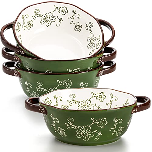 AVLA 4 Stück Keramik-Suppenschüsseln, 625 ml, Porzellan-Servierschüssel-Set mit Doppelgriff, große Keramiktöpfe für französische Zwiebelsuppe, Eintopf, Nudeln, Müsli, Topfkuchen (grün) von AVLA