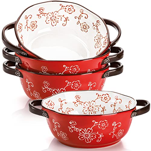 AVLA Keramik-Suppenschüsseln, 625 ml, Porzellan-Servierschüssel-Set mit Doundle-Griff, große Keramiktöpfe für französische Zwiebelsuppe, Eintopf, Nudeln, Müsli, Topfkuchen (rot) von AVLA
