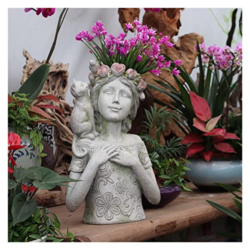 AVLUZ Outdoor-Gartendekoration, Patio Yard Mädchen und Katze Modell Statue Blumentopf, Rasen Landschaft Dekoration Topfpflanzen dekorative Ornamente Geschenk von AVLUZ