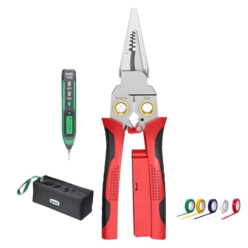 8-in-1-Abisolierzange, Multifunktionszange mit Spannungsprüfer, faltbares Abisolierwerkzeug mit Stiftmultimeter und 5-teiligem Klebeband for Schneiden und Ziehen, Zange langlebiges Crimpwerkzeug(Red) von AVMLWEPA